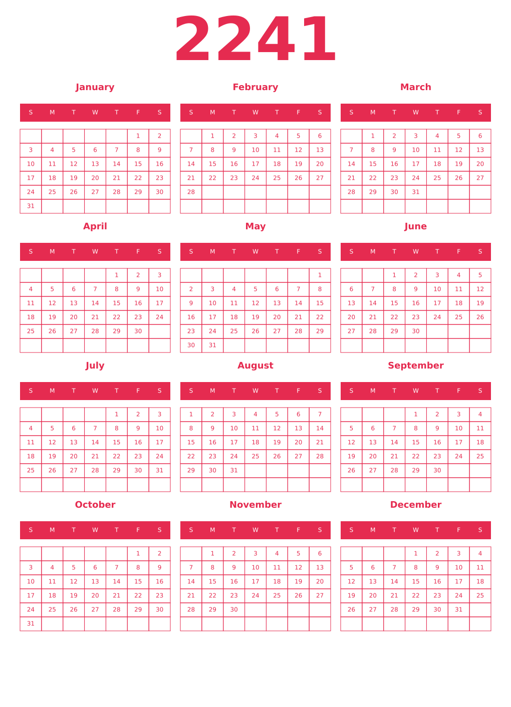 Printable 2241 Year Calendars amaranth