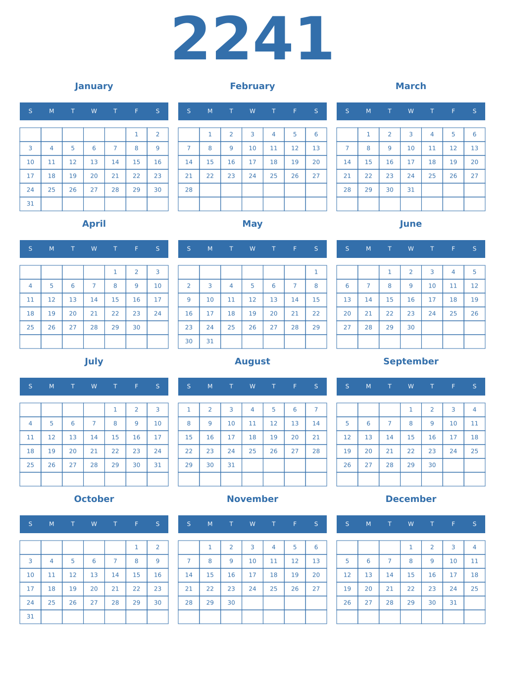 Printable 2241 Year Calendars blue