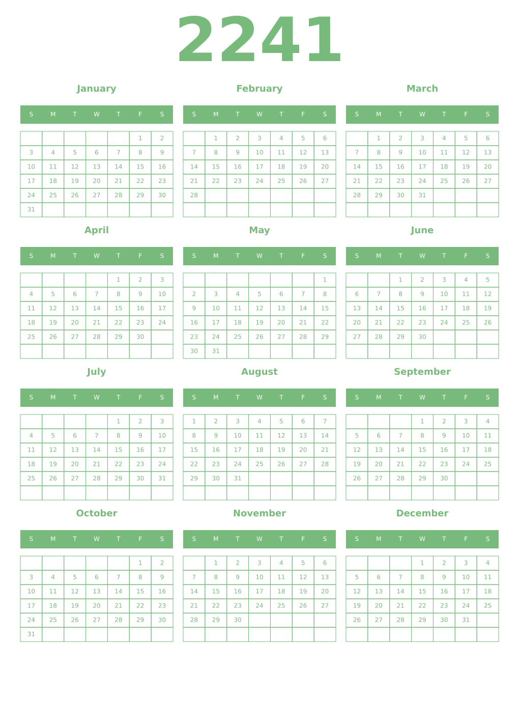 Printable 2241 Year Calendars celadon