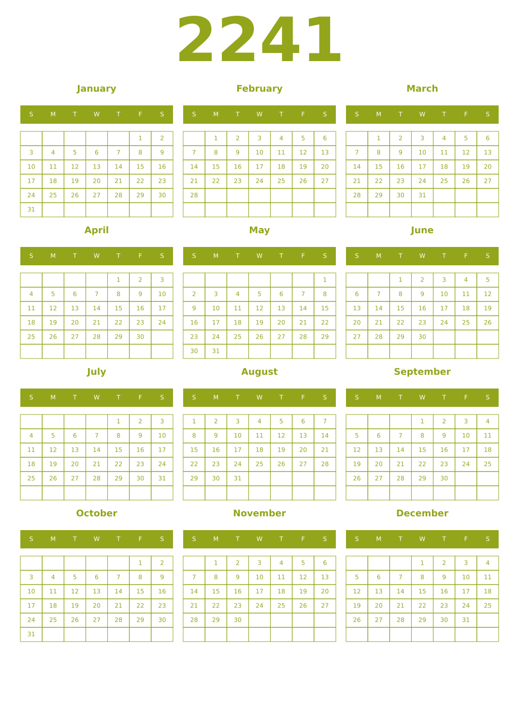 Printable 2241 Year Calendars chartreuse
