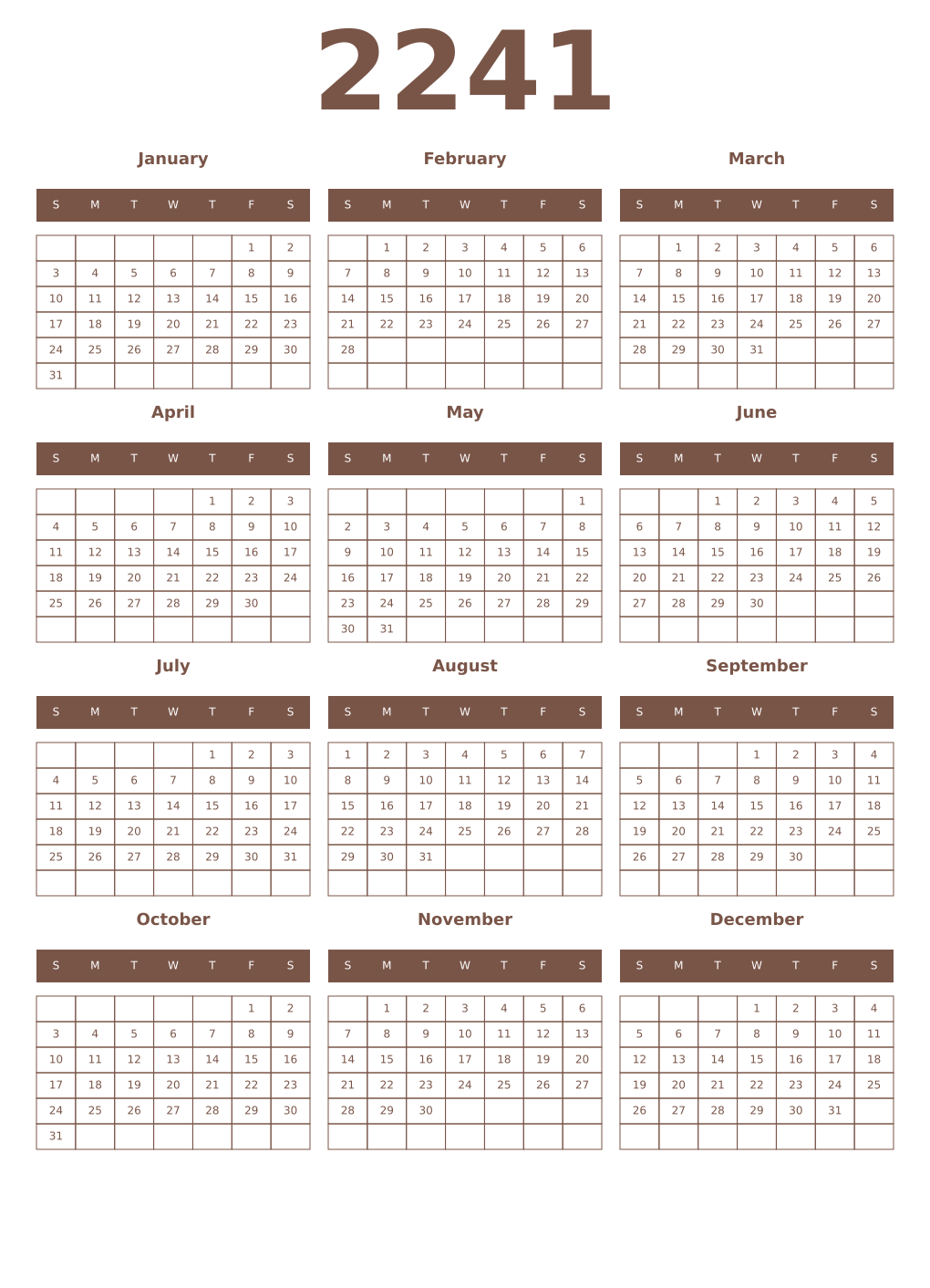 Printable 2241 Year Calendars coffe