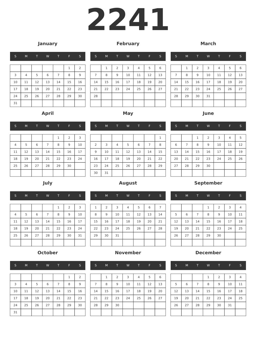 Printable 2241 Year Calendars dark