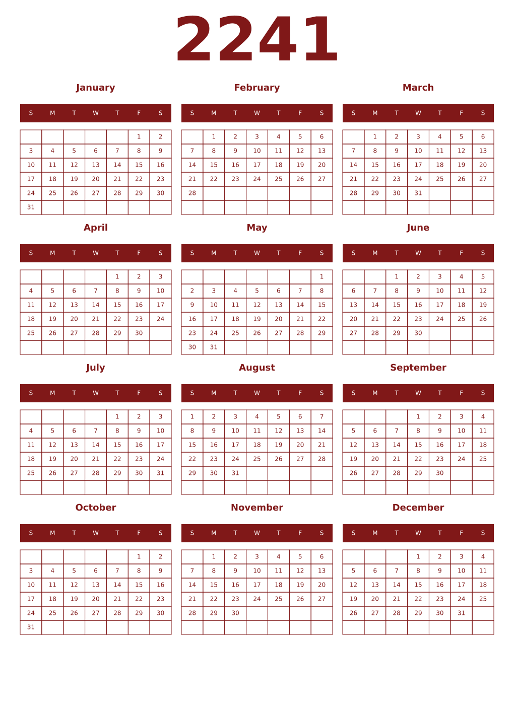 Printable 2241 Year Calendars falu
