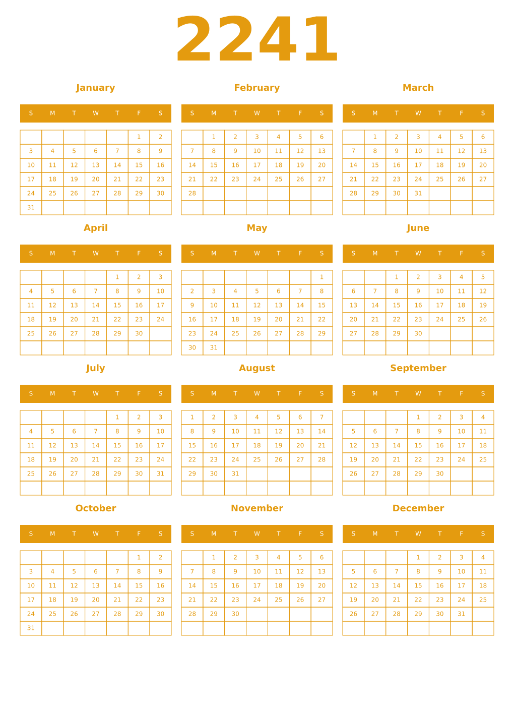 Printable 2241 Year Calendars gamboge