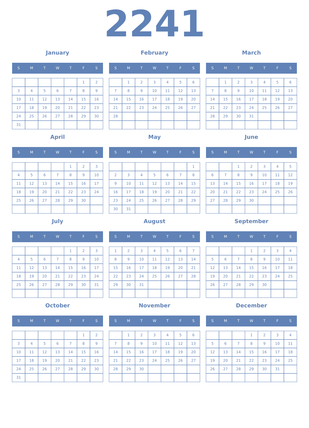 Printable 2241 Year Calendars glaucous