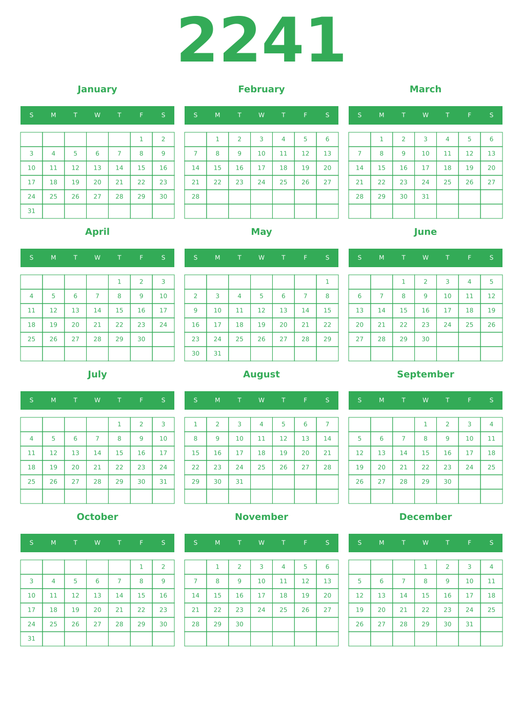 Printable 2241 Year Calendars green