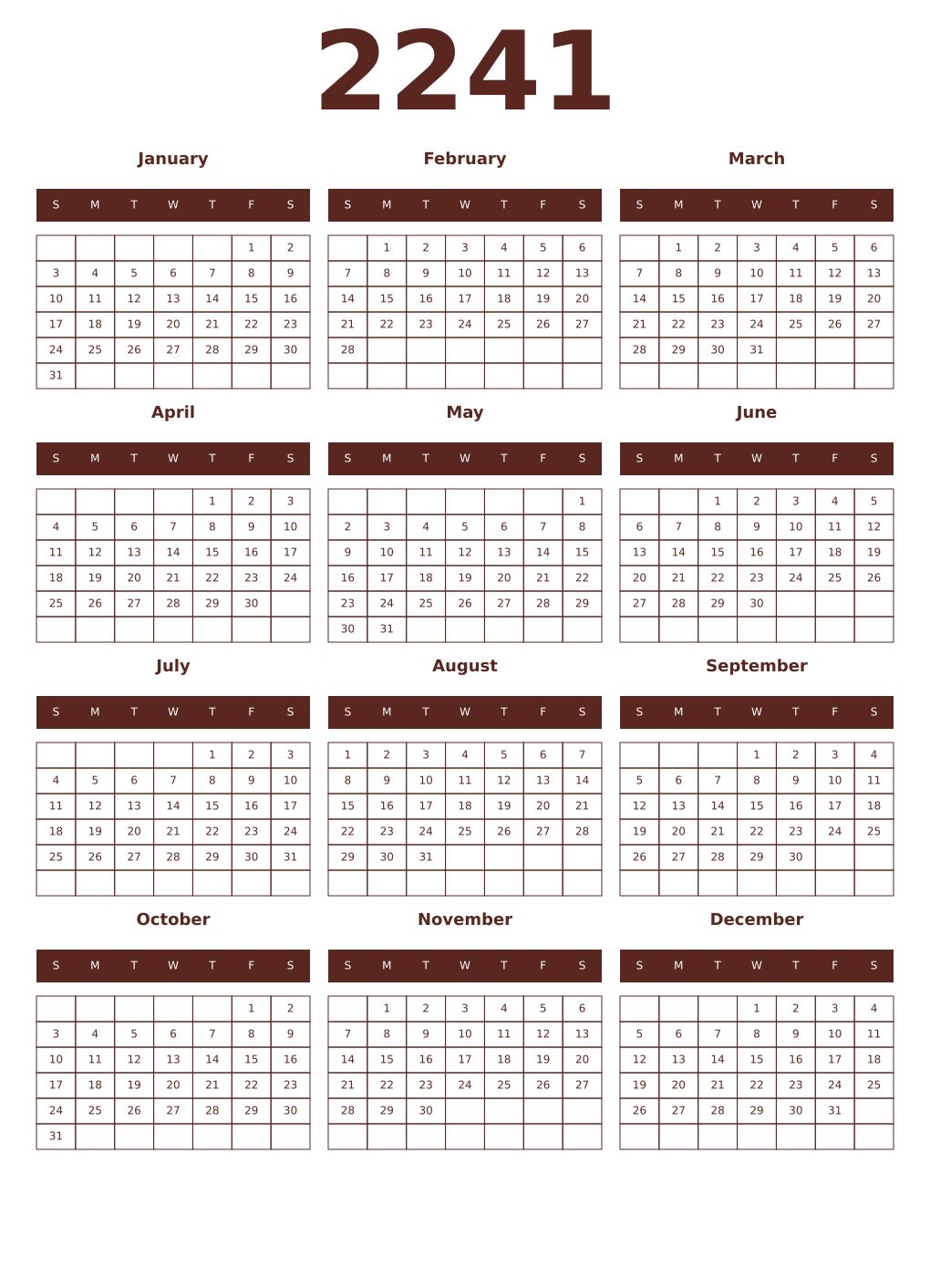 Printable 2241 Year Calendars mortuum