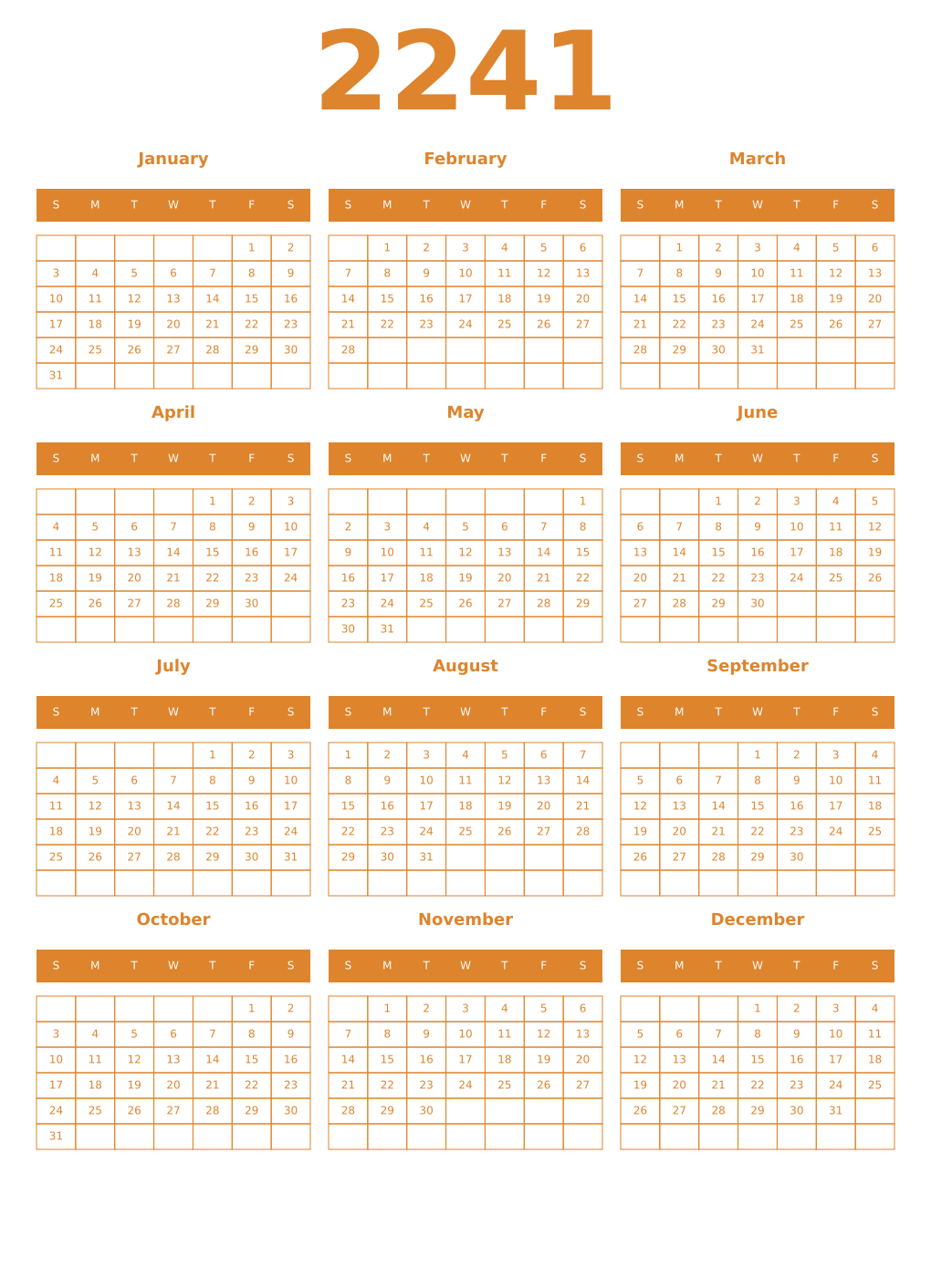 Printable 2241 Year Calendars orange
