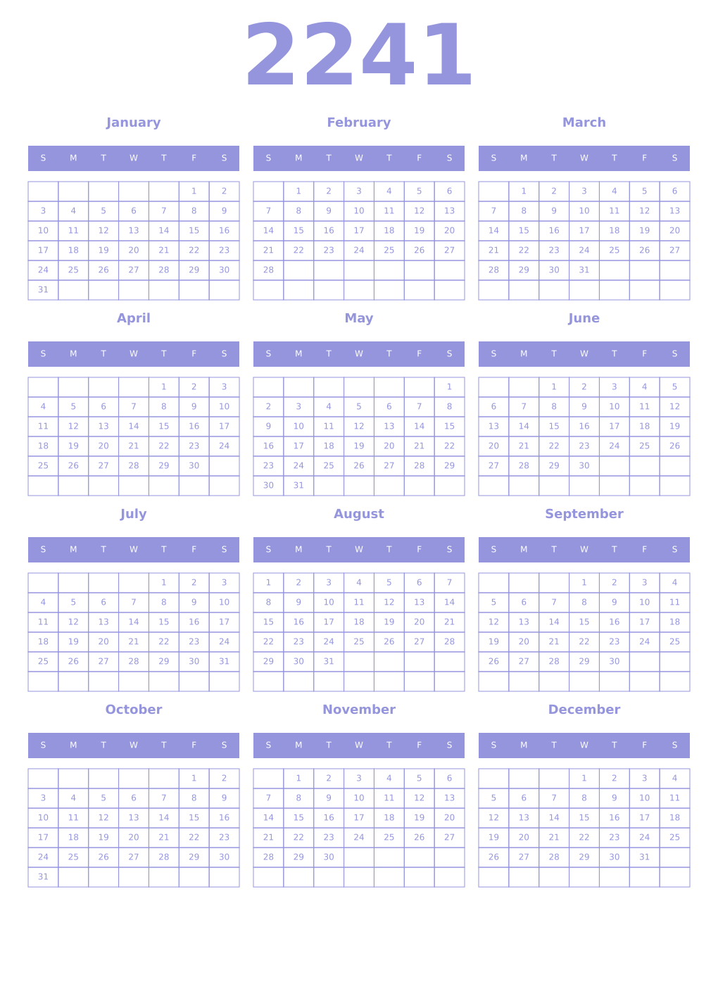 Printable 2241 Year Calendars periwinkle