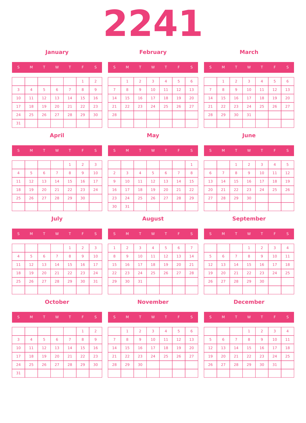 Printable 2241 Year Calendars pink