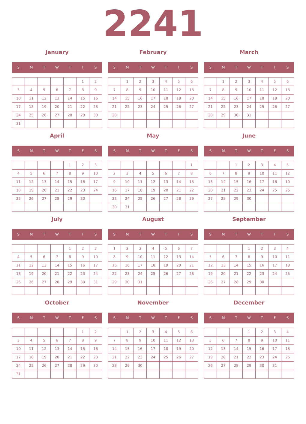 Printable 2241 Year Calendars puce