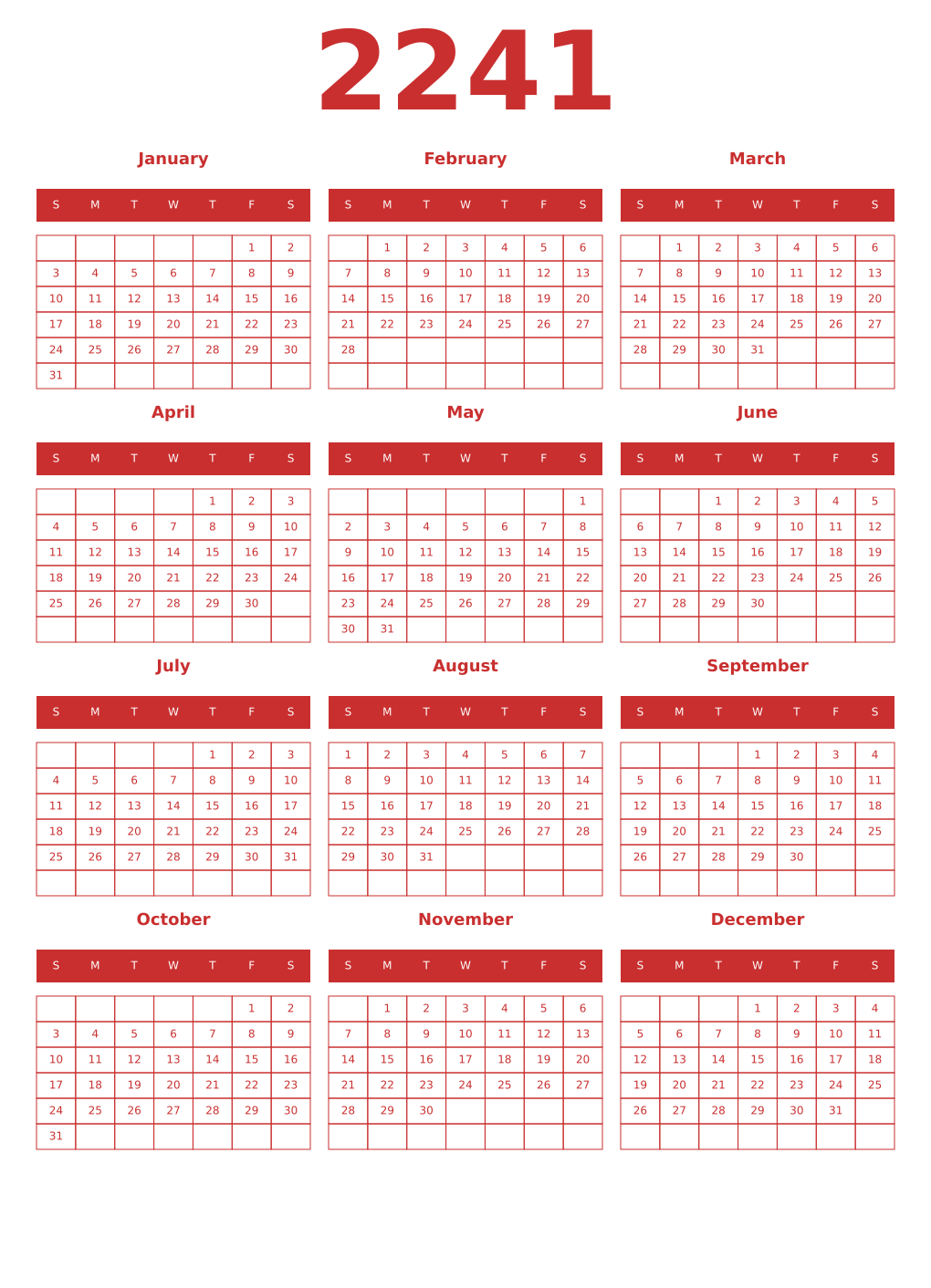 Printable 2241 Year Calendars red