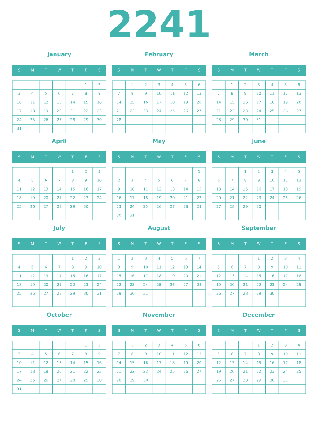 Printable 2241 Year Calendars verdigris