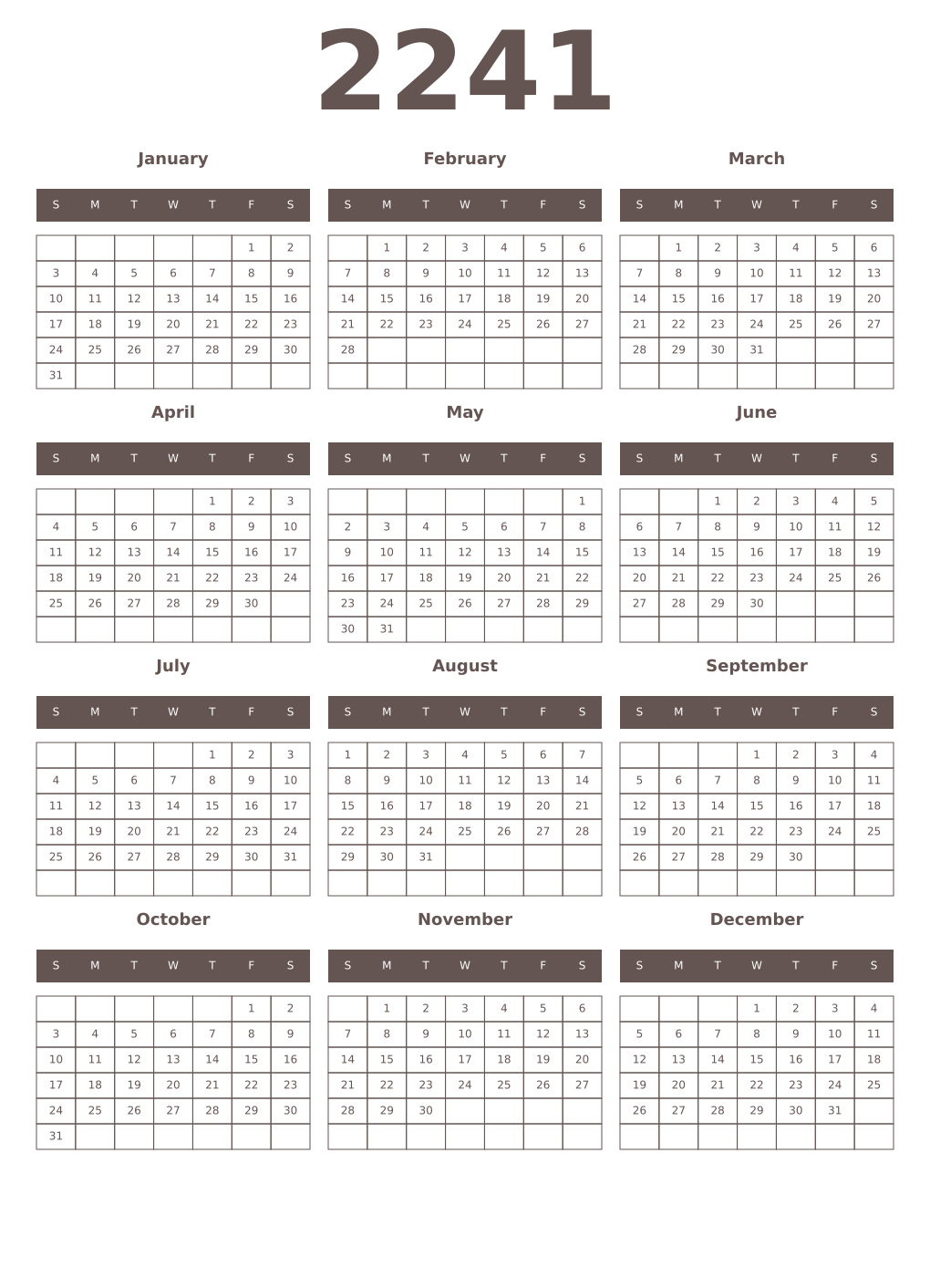 Printable 2241 Year Calendars wenge