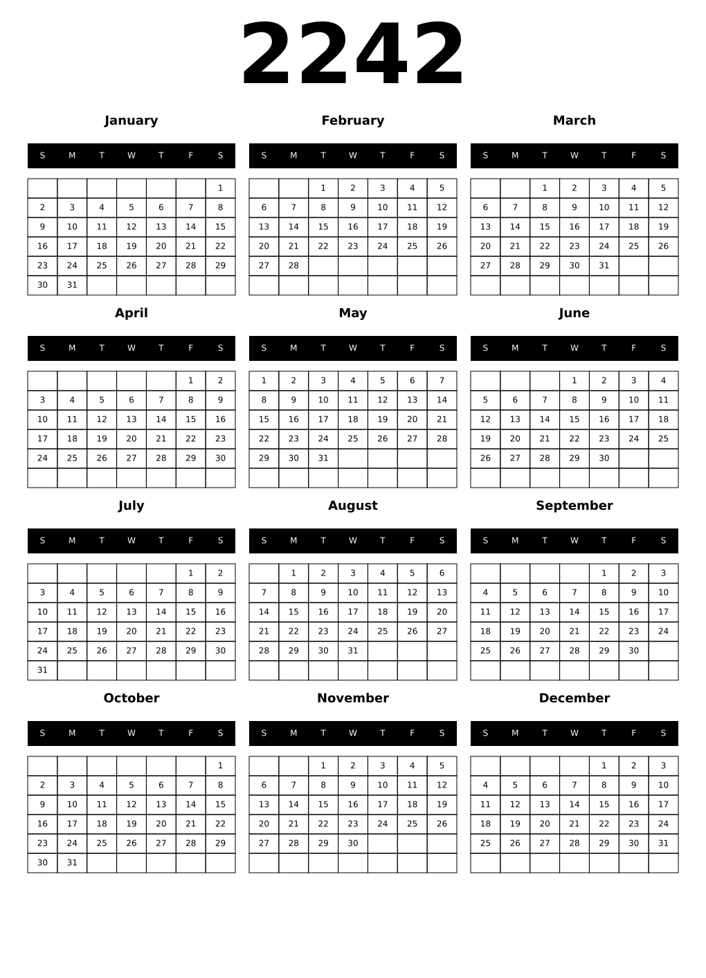 Printable 2242 Year Calendars black