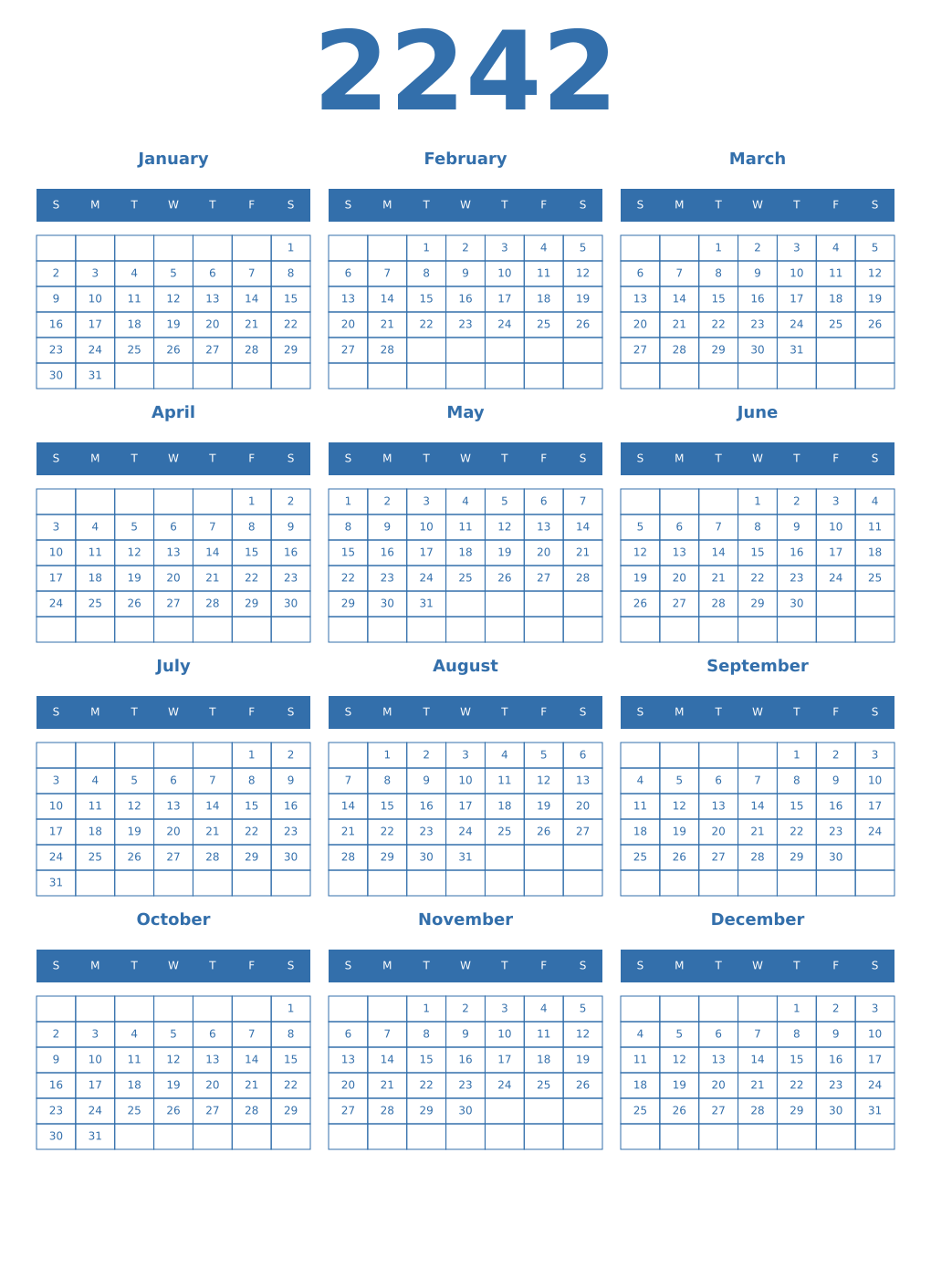 Printable 2242 Year Calendars blue