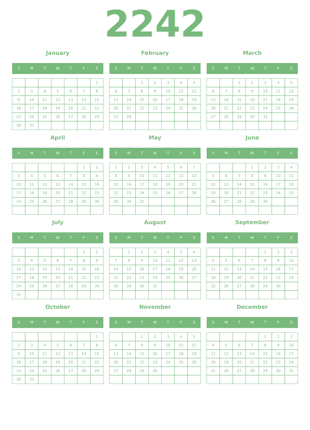 Printable 2242 Year Calendars celadon