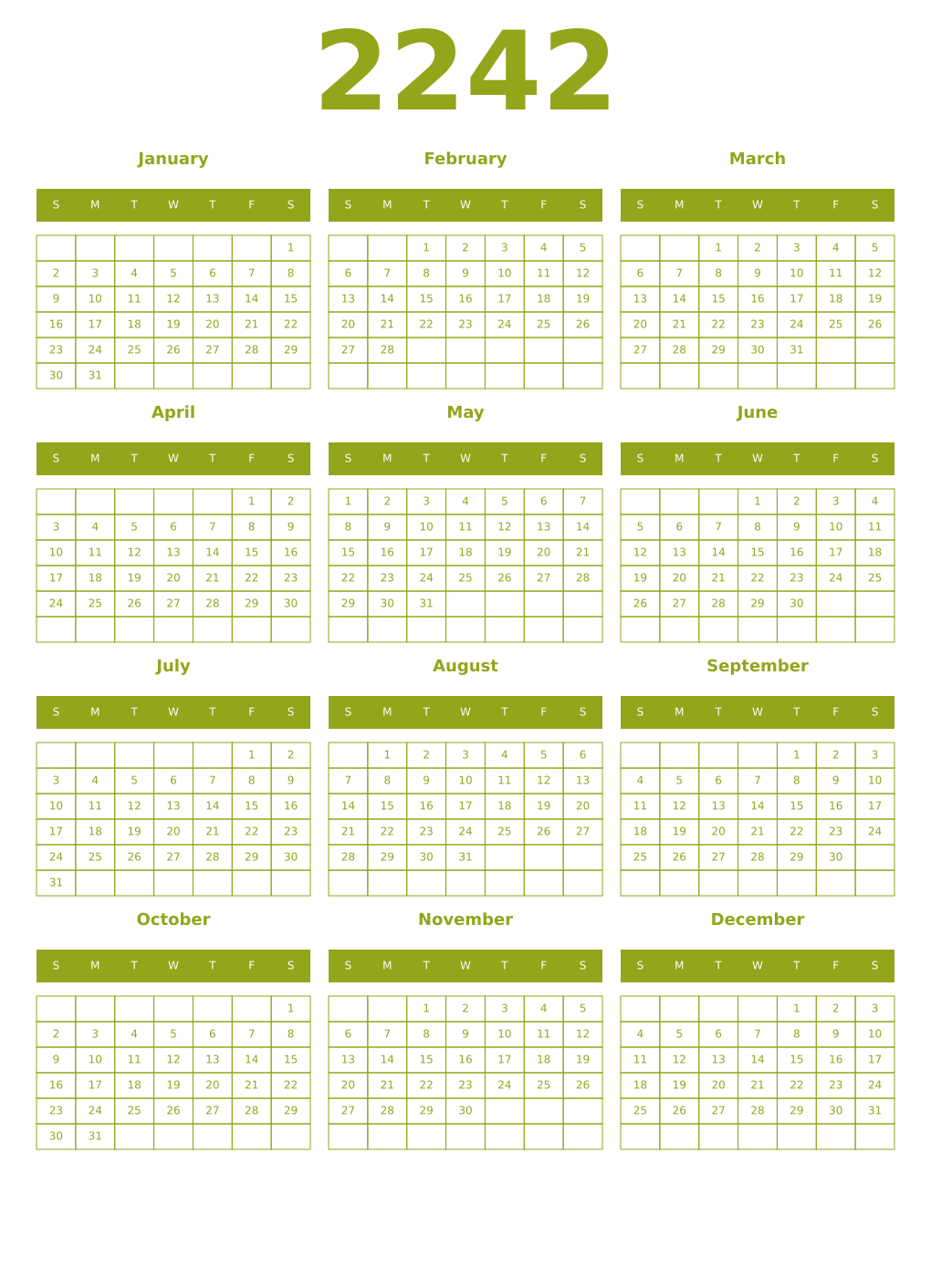 Printable 2242 Year Calendars chartreuse