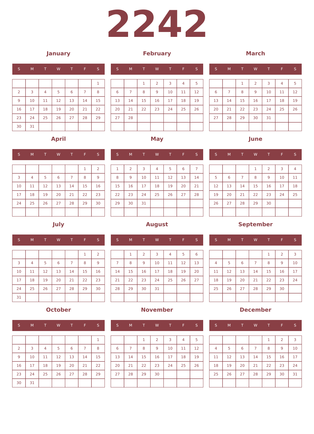 Printable 2242 Year Calendars cordovan