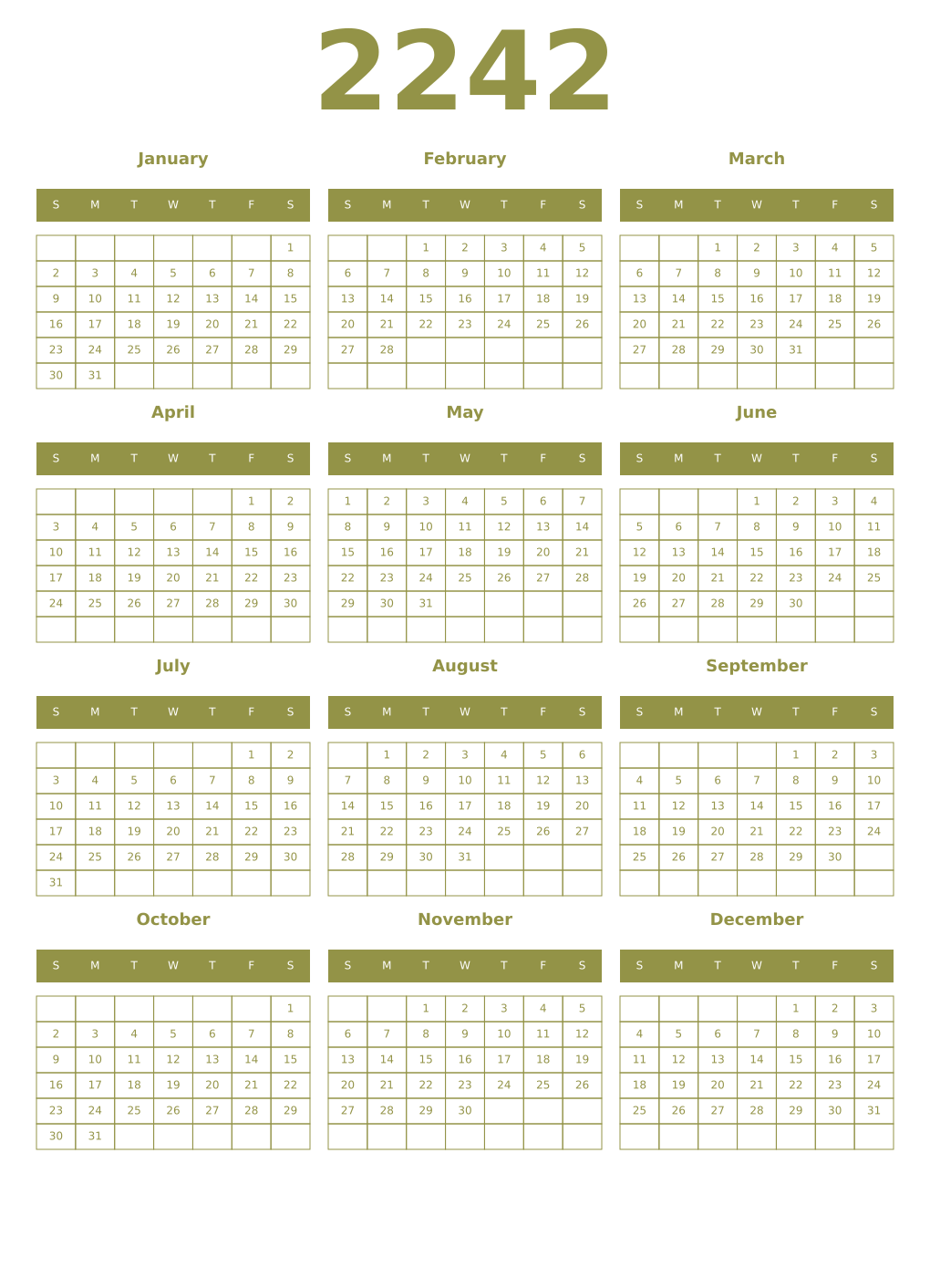 Printable 2242 Year Calendars eburnean