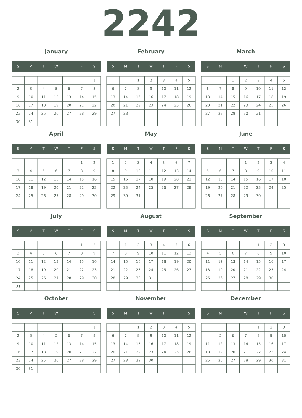 Printable 2242 Year Calendars feldgrau