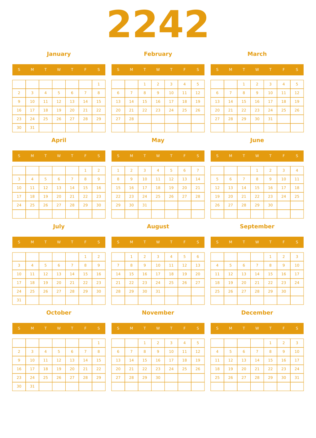 Printable 2242 Year Calendars gamboge