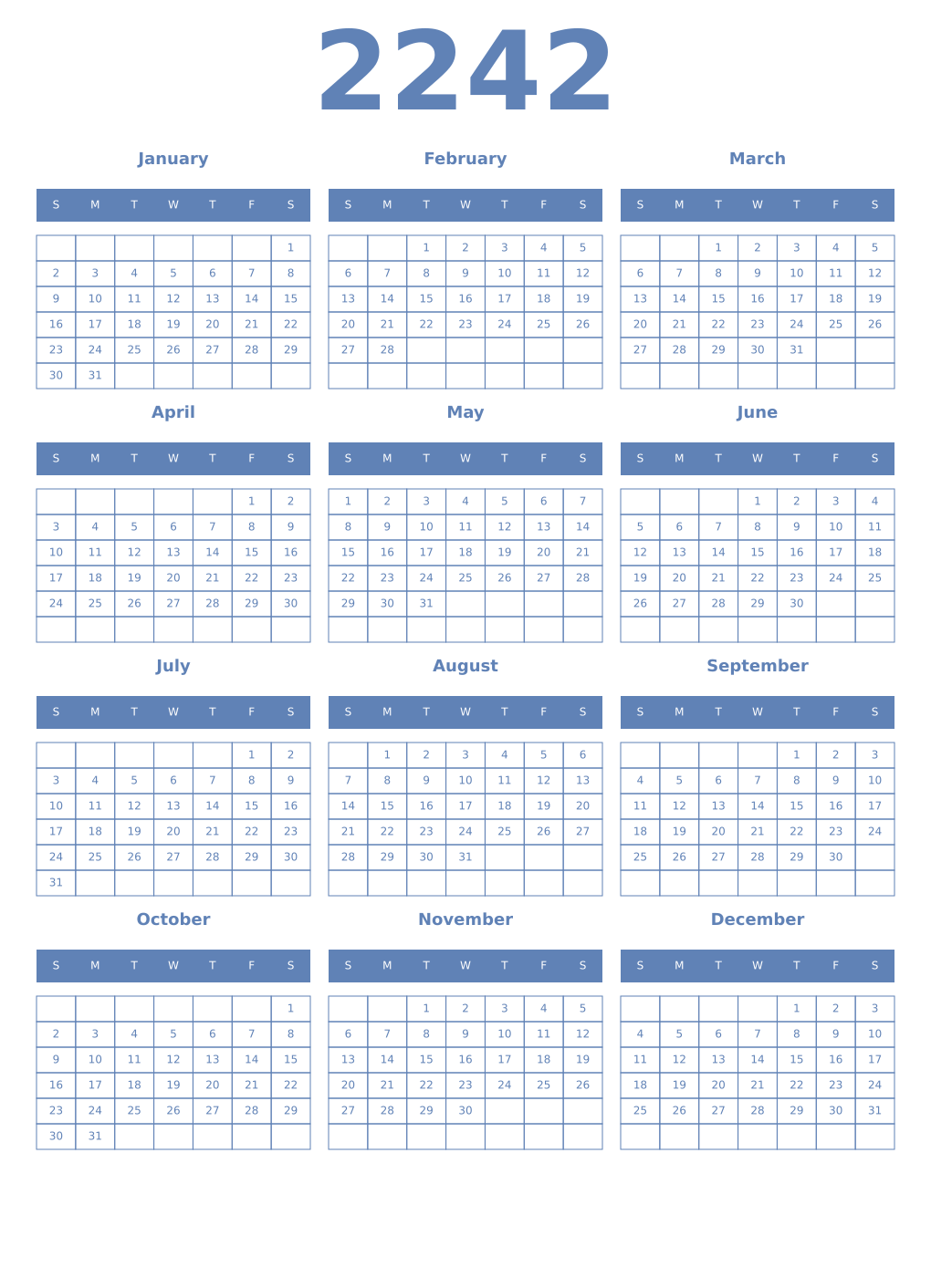 Printable 2242 Year Calendars glaucous