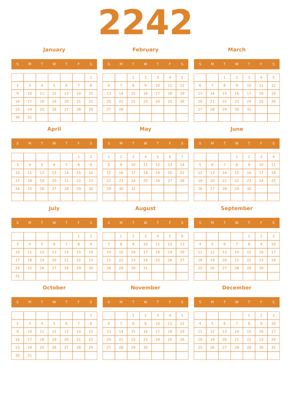 Printable 2242 Year Calendars orange