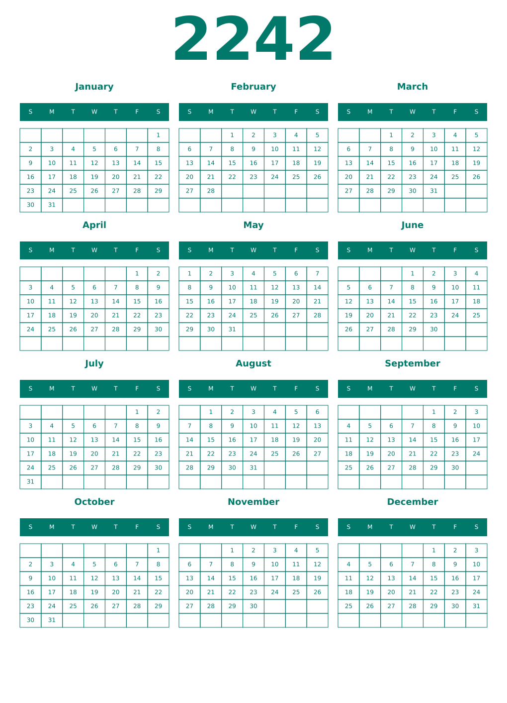 Printable 2242 Year Calendars pastel