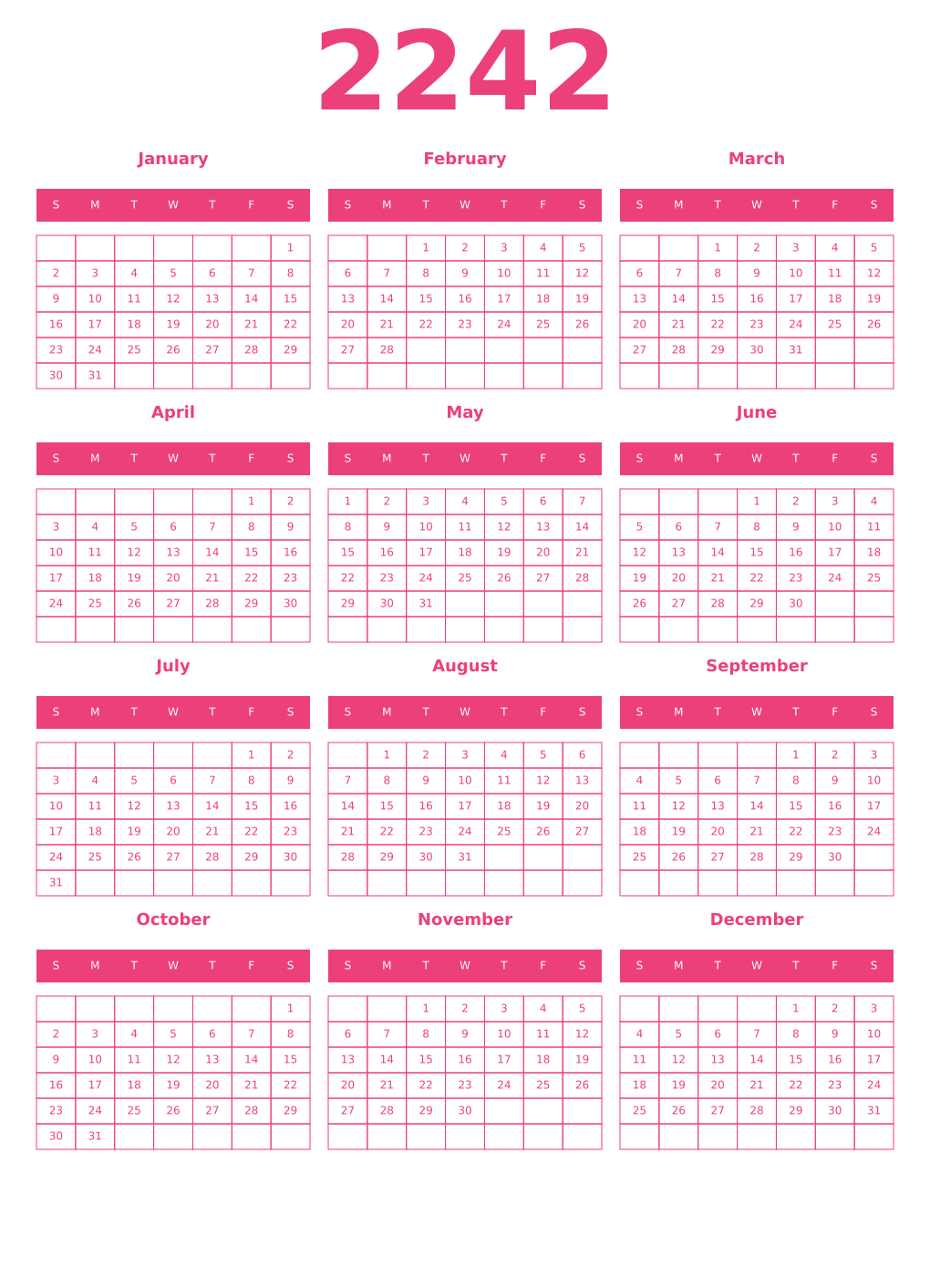 Printable 2242 Year Calendars pink