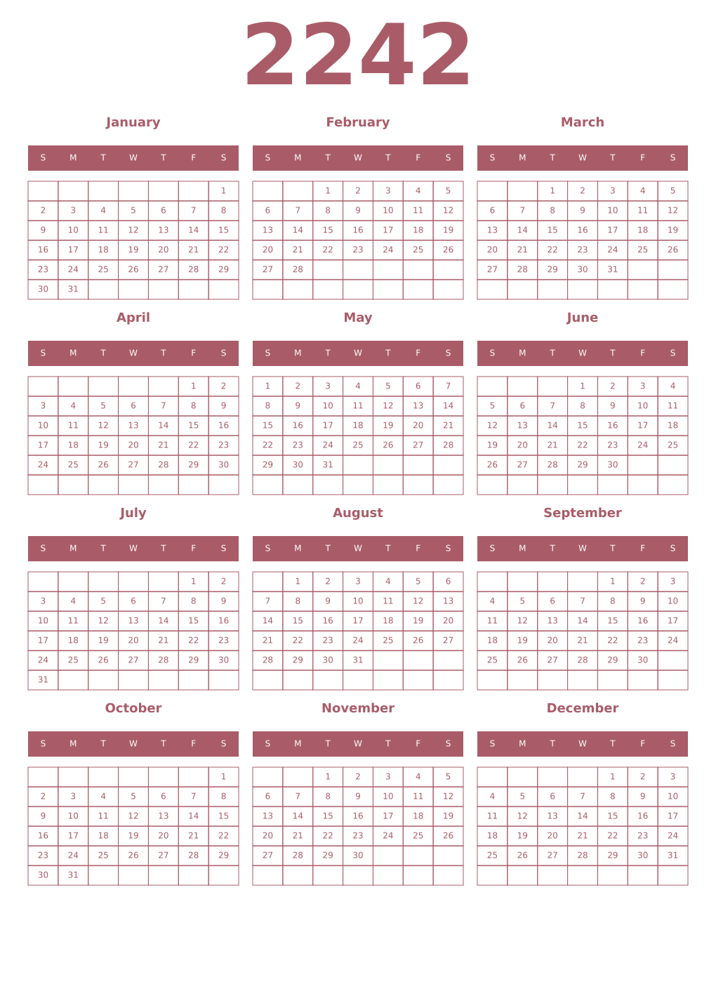 Printable 2242 Year Calendars puce