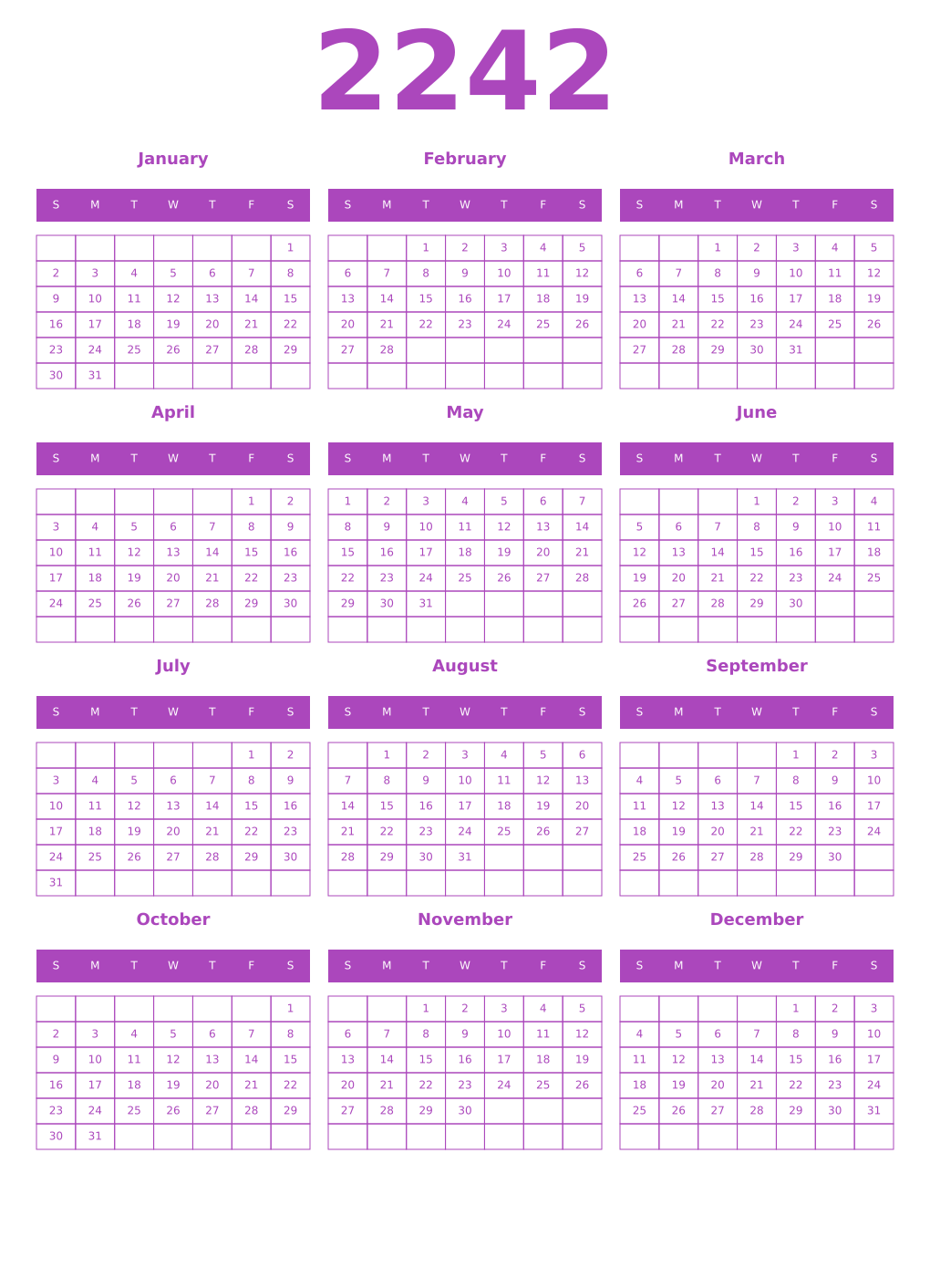 Printable 2242 Year Calendars purple