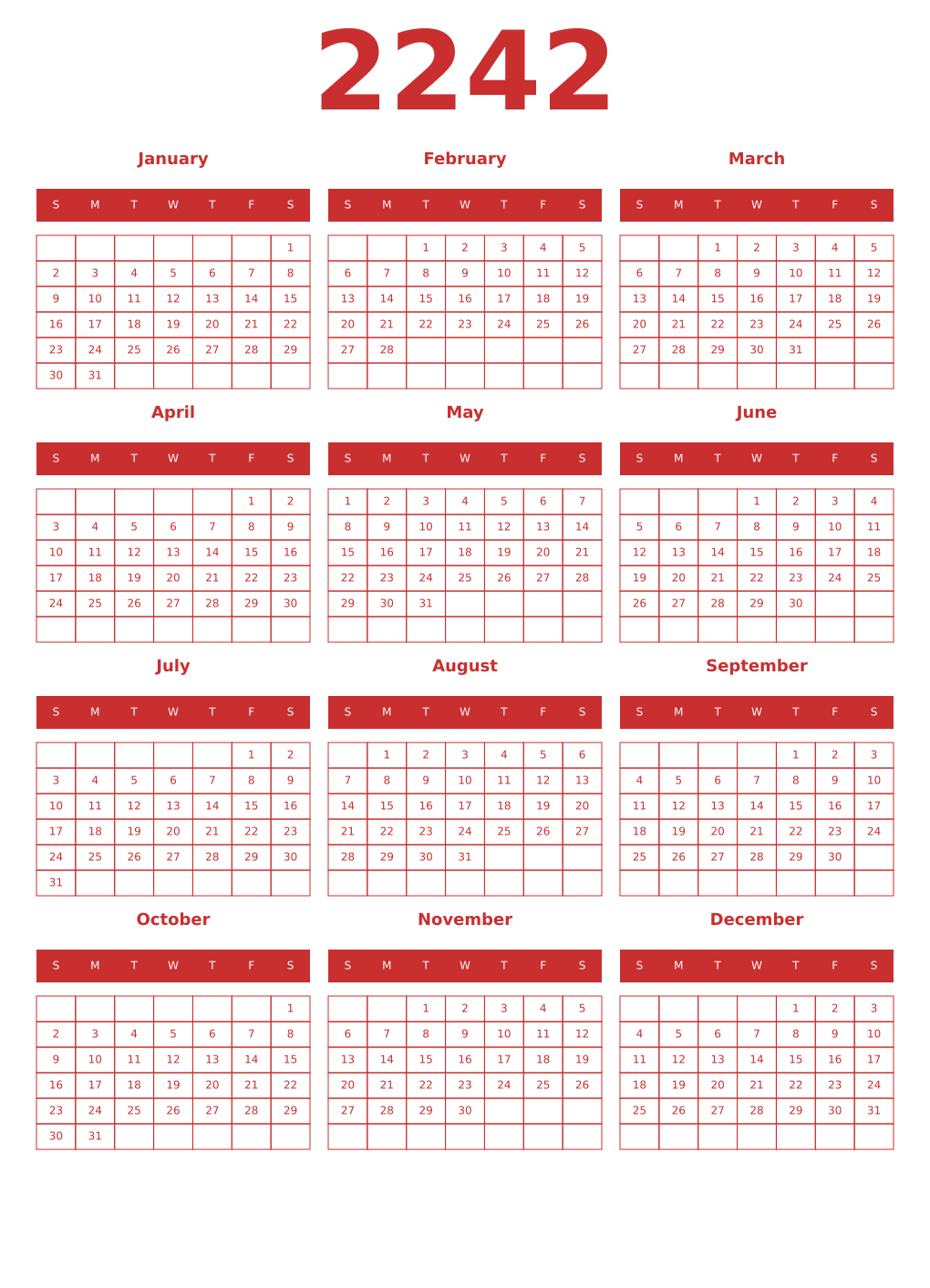 Printable 2242 Year Calendars red