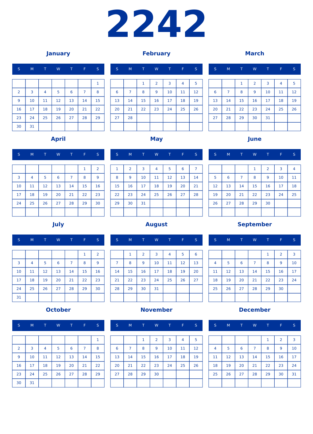 Printable 2242 Year Calendars smalt
