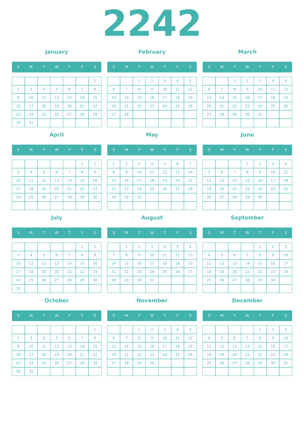 Printable 2242 Year Calendars verdigris