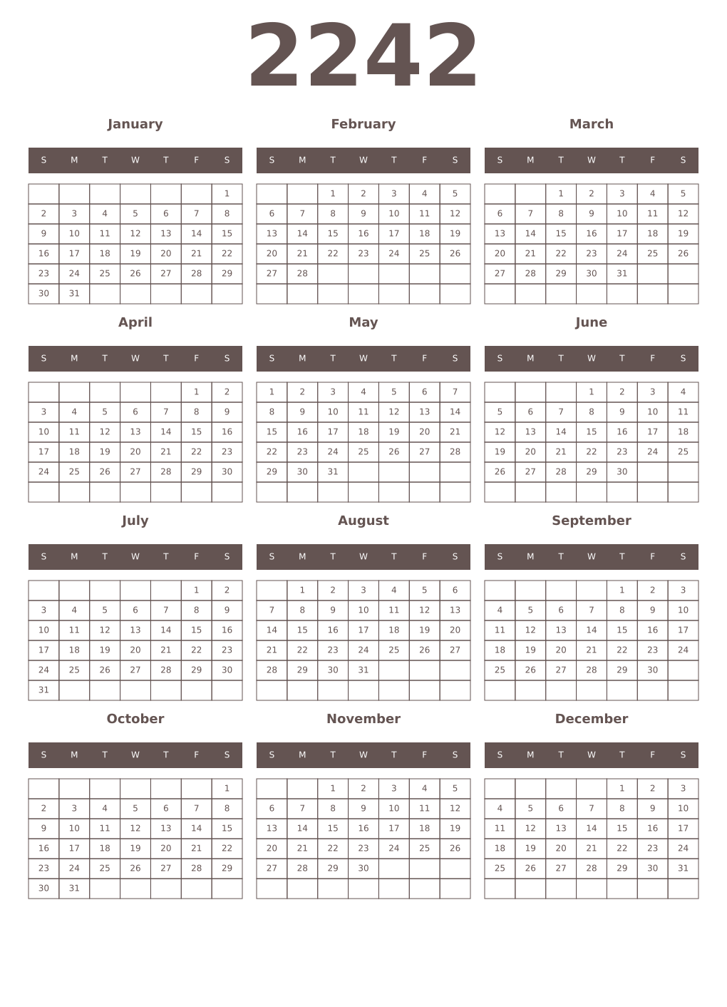 Printable 2242 Year Calendars wenge