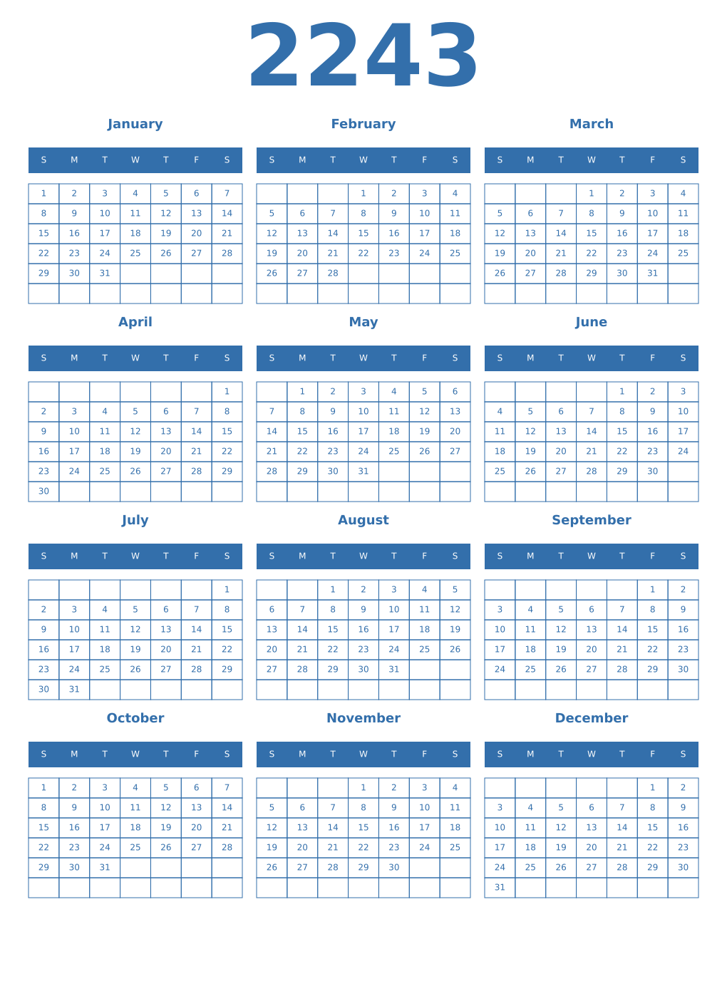 Printable 2243 Year Calendars blue