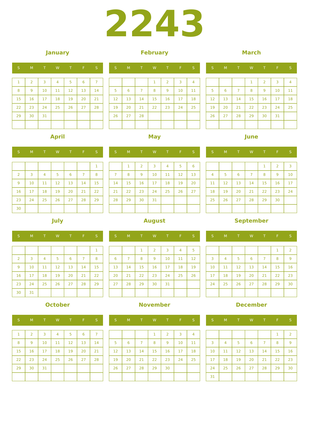 Printable 2243 Year Calendars chartreuse
