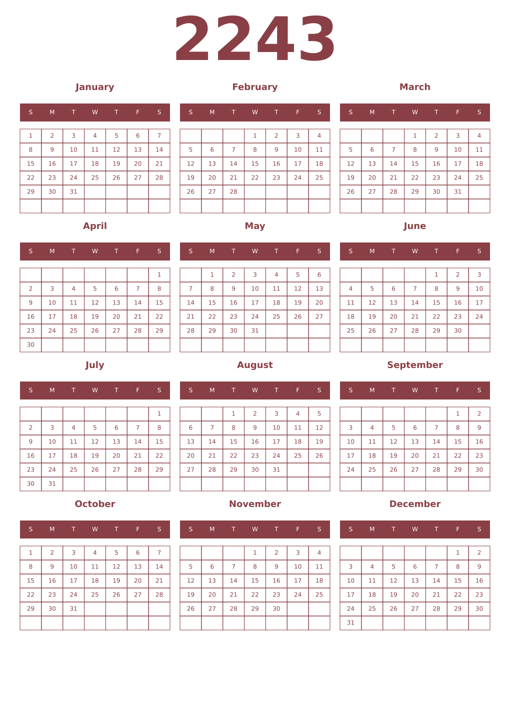 Printable 2243 Year Calendars cordovan