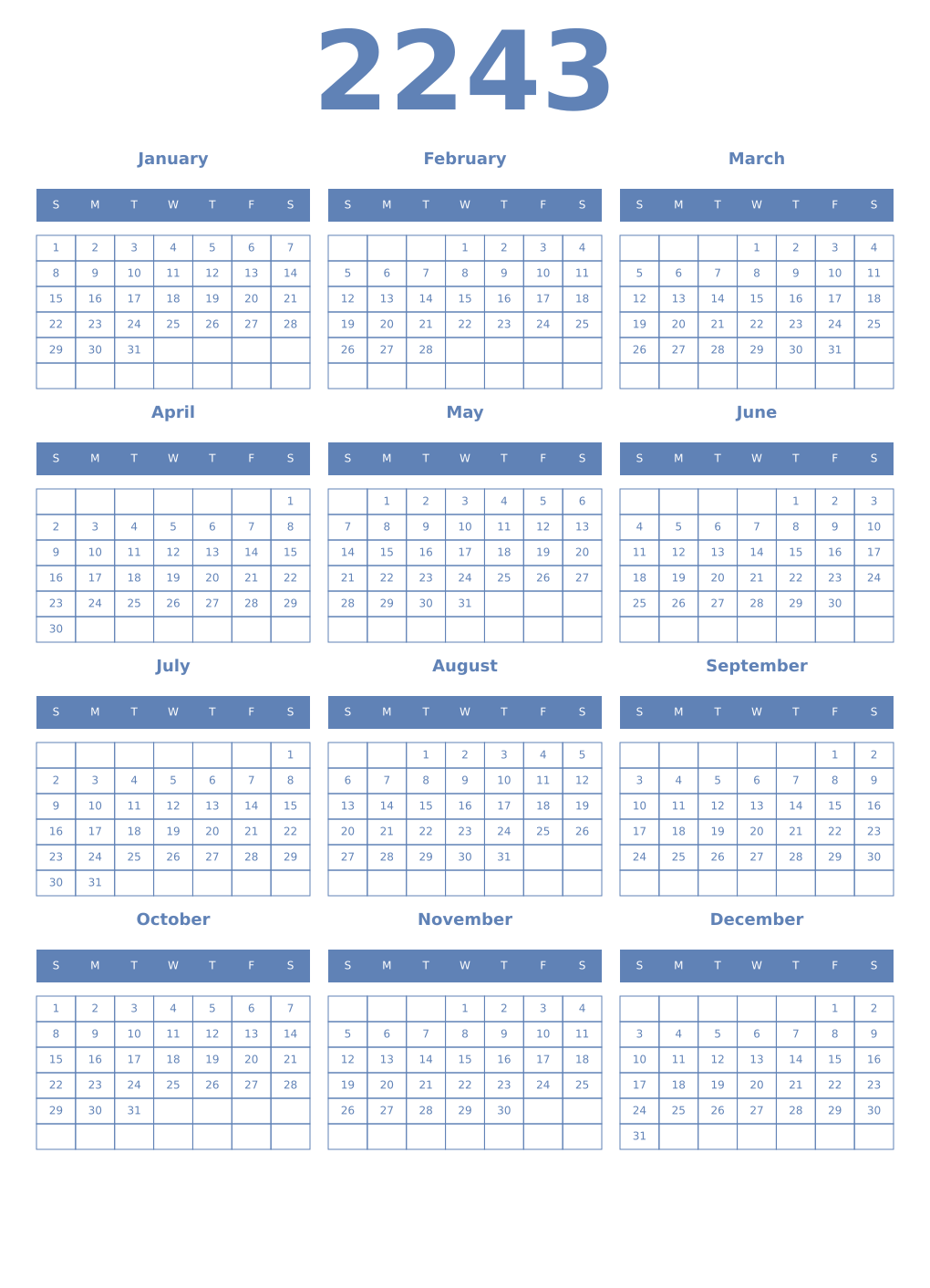 Printable 2243 Year Calendars glaucous