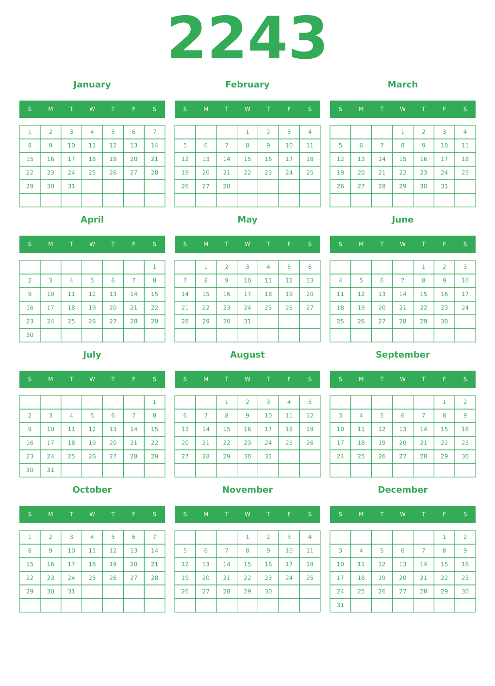 Printable 2243 Year Calendars green