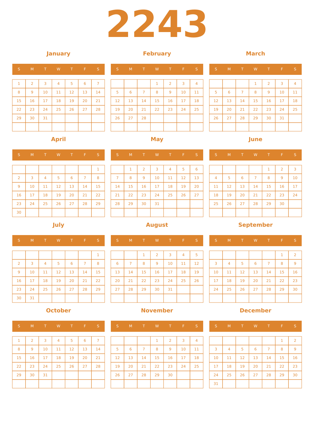 Printable 2243 Year Calendars orange