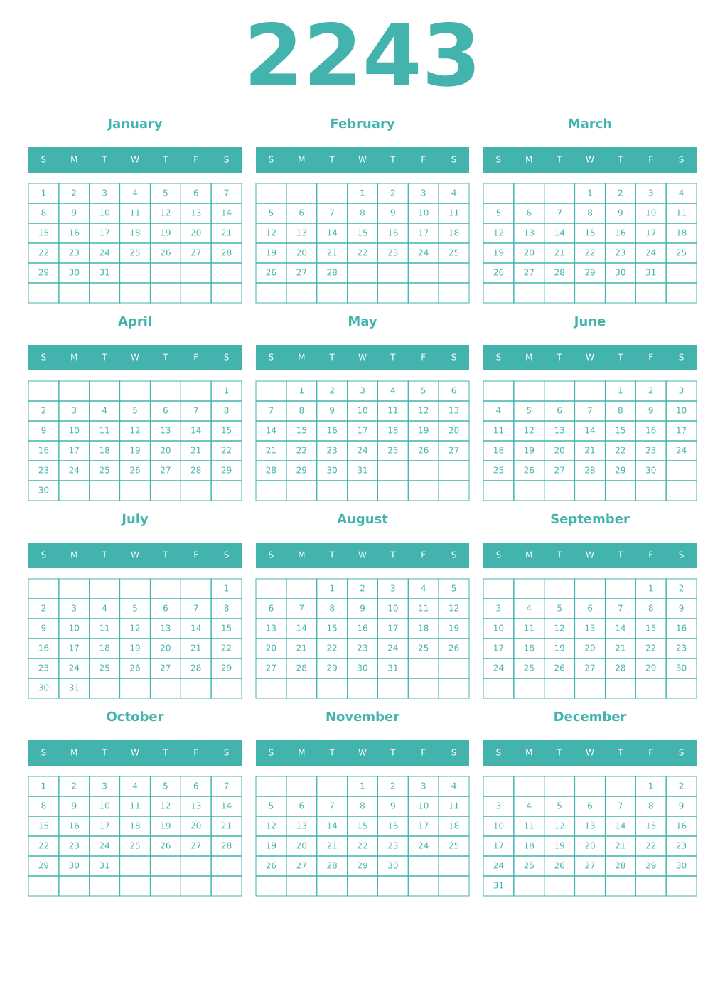 Printable 2243 Year Calendars verdigris