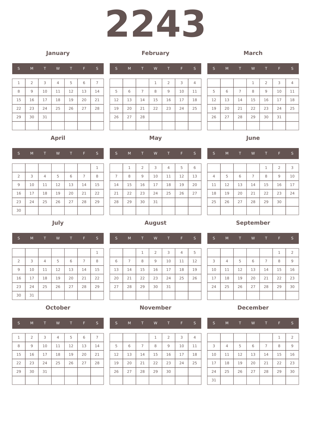 Printable 2243 Year Calendars wenge