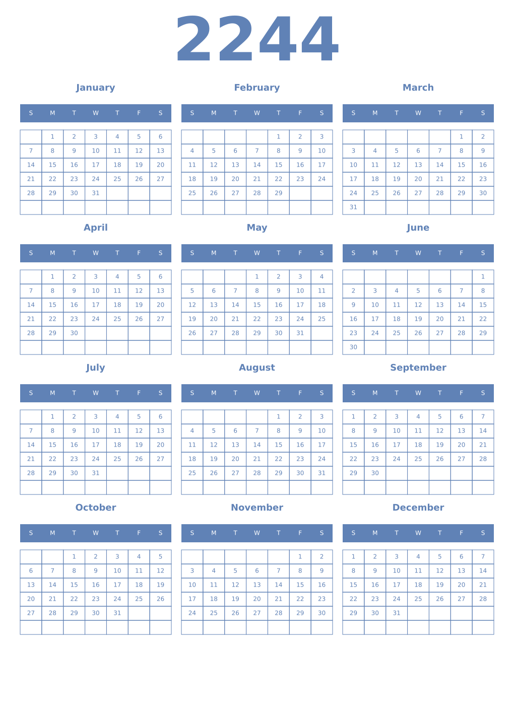 Printable 2244 Year Calendars glaucous