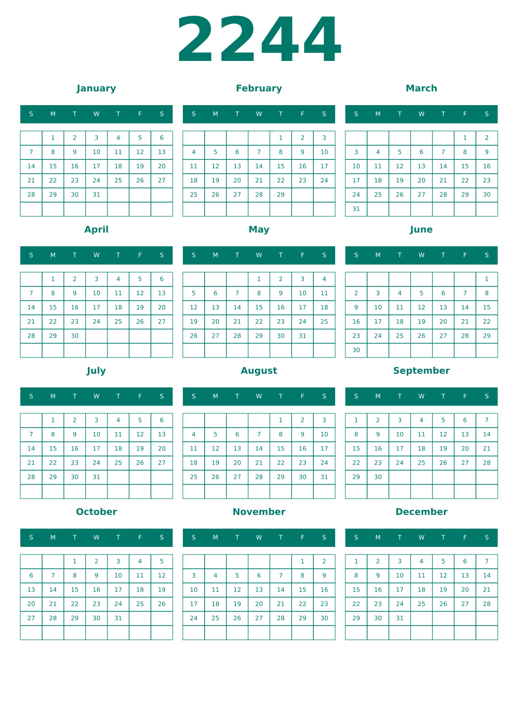 Printable 2244 Year Calendars pastel