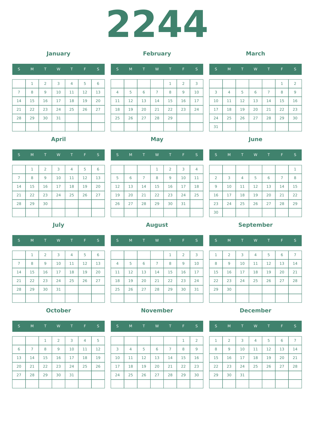 Printable 2244 Year Calendars viridian