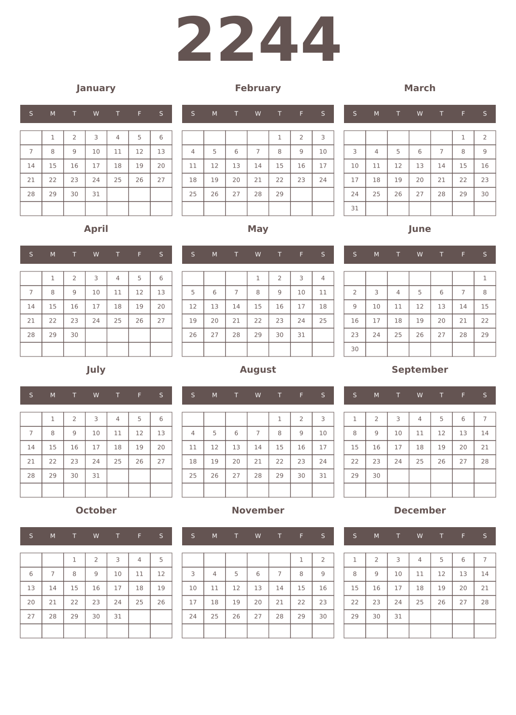 Printable 2244 Year Calendars wenge