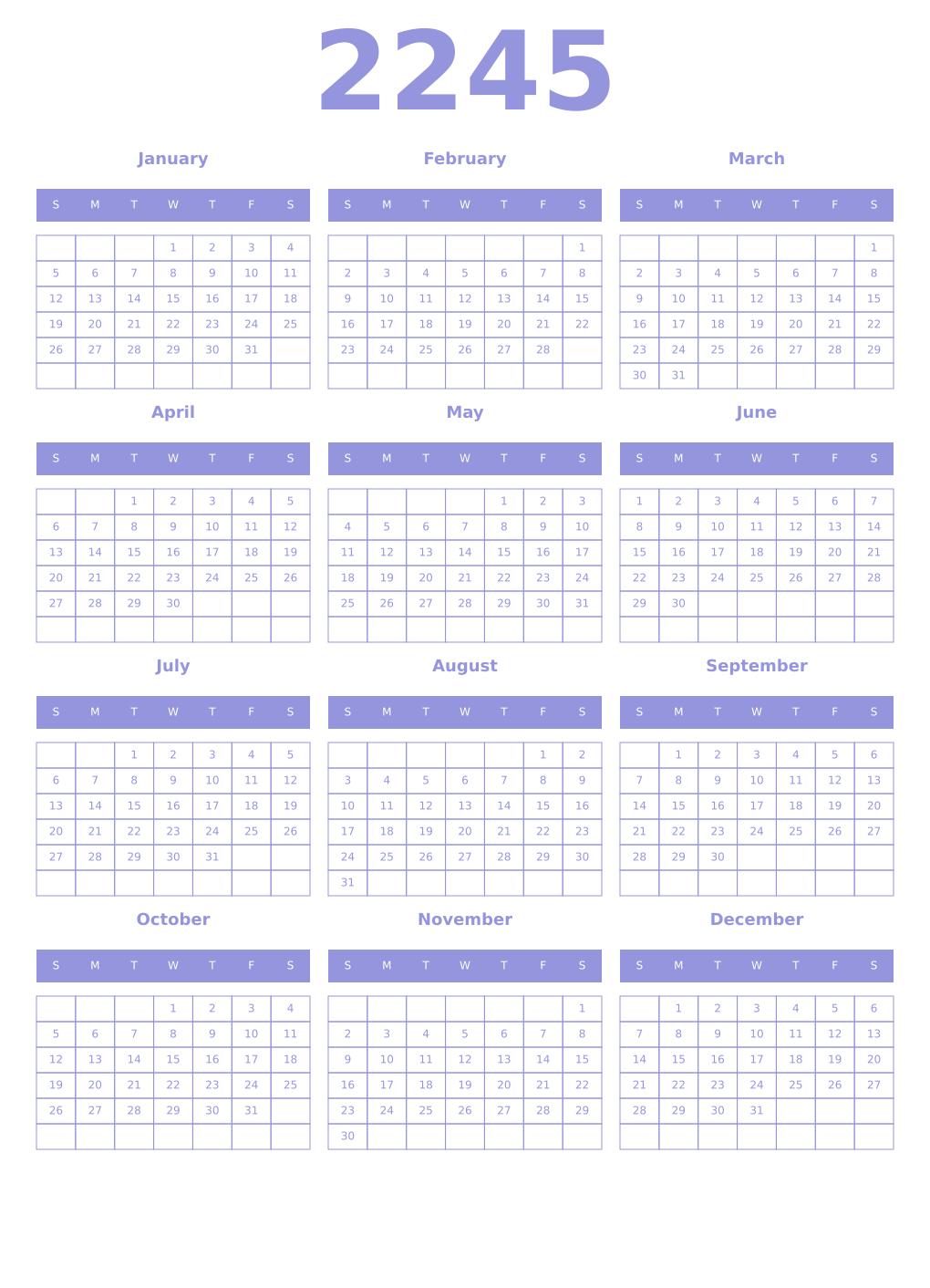 Printable 2245 Year Calendars periwinkle