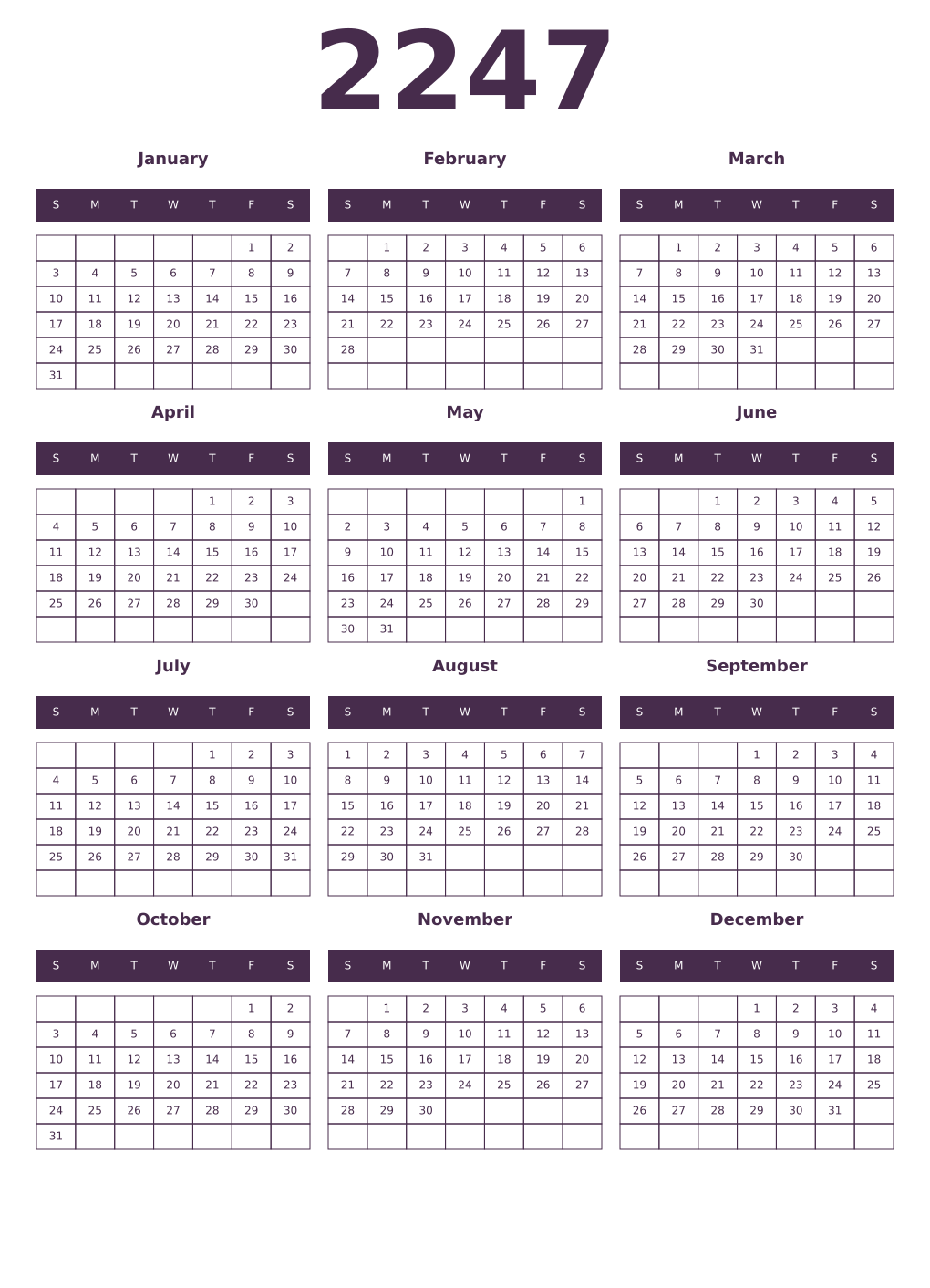 Printable 2247 Year Calendars aubergine